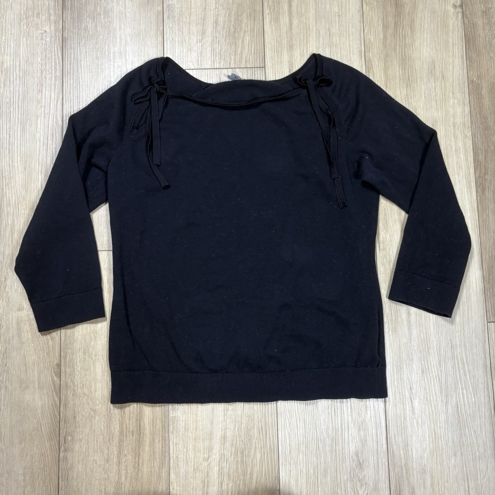 Anthropologie Black Keyhole Scoop Neck Knit Sleeve Sweater Size XL Tie Classic